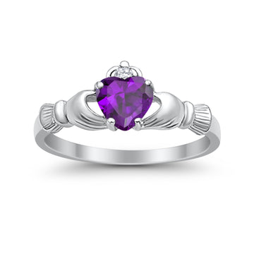 Heart Shape Simulated Amethyst CZ Claddagh Wedding Ring 925 Sterling Silver